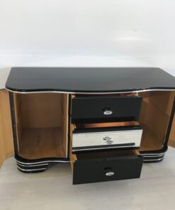 Art Deco Chromliner Commode from 1920, original antique, Chromliner, drawers in the middle, black, Hifi-media, two doors, ,10