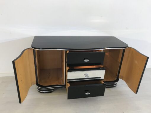 Art Deco Chromliner Commode from 1920, original antique, Chromliner, drawers in the middle, black, Hifi-media, two doors, ,10