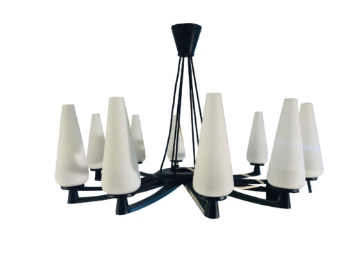 Jugendstil Chandelier in Matt Black with Glass Cones, art Deco lighting, jugendstil lighting, 1920s lamps, chandeliers, Art Deco furnishing