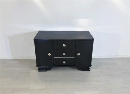 Small Art Deco Commode in Black Ash Wood, High Gloss Black Furniture, Design Furniture, Storage furniture, chrome handles, luxury furniture, interior design