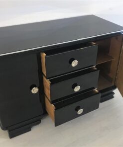 Small Art Deco Commode in Black Ash Wood, High Gloss Black Furniture, Design Furniture, Storage furniture, chrome handles, luxury furniture, interior design