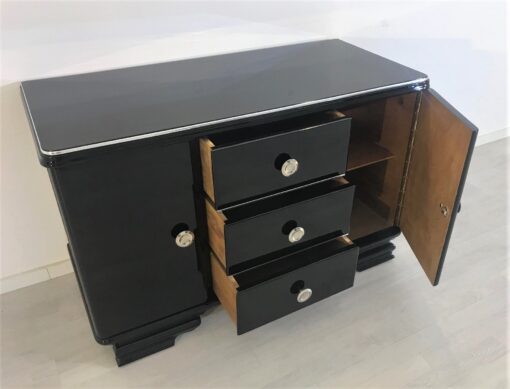 Small Art Deco Commode in Black Ash Wood, High Gloss Black Furniture, Design Furniture, Storage furniture, chrome handles, luxury furniture, interior design