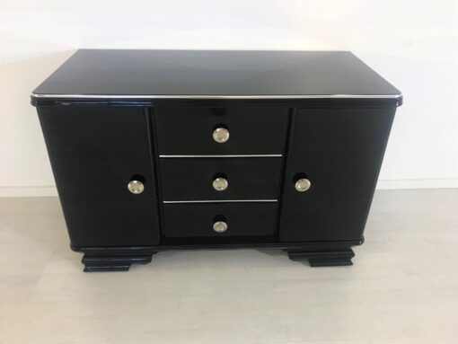 Small Art Deco Commode in Black Ash Wood, High Gloss Black Furniture, Design Furniture, Storage furniture, chrome handles, luxury furniture, interior design