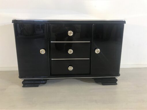 Small Art Deco Commode in Black Ash Wood, High Gloss Black Furniture, Design Furniture, Storage furniture, chrome handles, luxury furniture, interior design