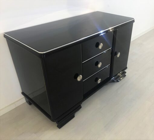 Small Art Deco Commode in Black Ash Wood, High Gloss Black Furniture, Design Furniture, Storage furniture, chrome handles, luxury furniture, interior design