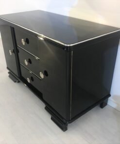 Small Art Deco Commode in Black Ash Wood, High Gloss Black Furniture, Design Furniture, Storage furniture, chrome handles, luxury furniture, interior design