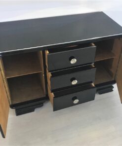 Small Art Deco Commode in Black Ash Wood, High Gloss Black Furniture, Design Furniture, Storage furniture, chrome handles, luxury furniture, interior design