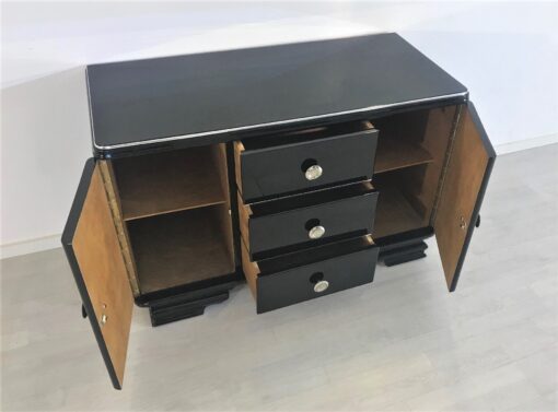 Small Art Deco Commode in Black Ash Wood, High Gloss Black Furniture, Design Furniture, Storage furniture, chrome handles, luxury furniture, interior design