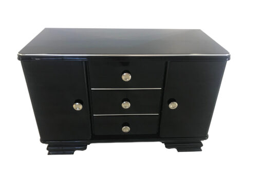 Small Art Deco Commode in Black Ash Wood, High Gloss Black Furniture, Design Furniture, Storage furniture, chrome handles, luxury furniture, interior design