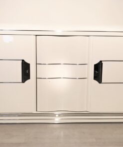 White Art Deco Chrome Liner Sideboard with Chrome Handles, Original Art Deco, Art Deco Furniture, Antique Sideboard, High-Gloss Shellac