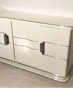 White Art Deco Chrome Liner Sideboard with Chrome Handles, Original Art Deco, Art Deco Furniture, Antique Sideboard, High-Gloss Shellac