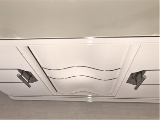 White Art Deco Chrome Liner Sideboard with Chrome Handles, Original Art Deco, Art Deco Furniture, Antique Sideboard, High-Gloss Shellac